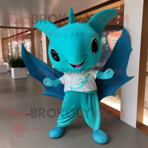 Turquoise Manta Ray mascot costume character dressed with a Chinos and Bracelets