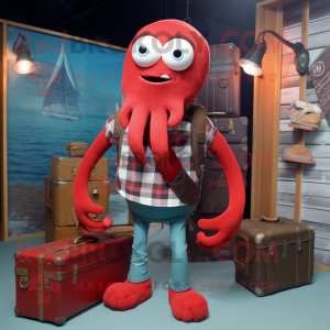 Red Kraken mascot costume character dressed with a Flannel Shirt and Briefcases