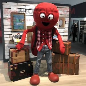 Red Kraken mascot costume character dressed with a Flannel Shirt and Briefcases