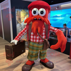 Red Kraken mascot costume character dressed with a Flannel Shirt and Briefcases