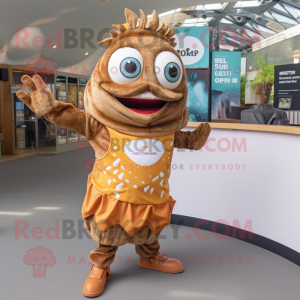 Brown Fish And Chips mascot costume character dressed with a A-Line Dress and Smartwatches