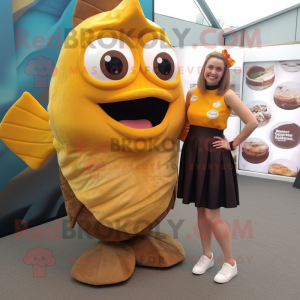 Brown Fish And Chips mascot costume character dressed with a A-Line Dress and Smartwatches