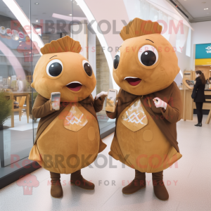 Brown Fish And Chips mascot costume character dressed with a A-Line Dress and Smartwatches