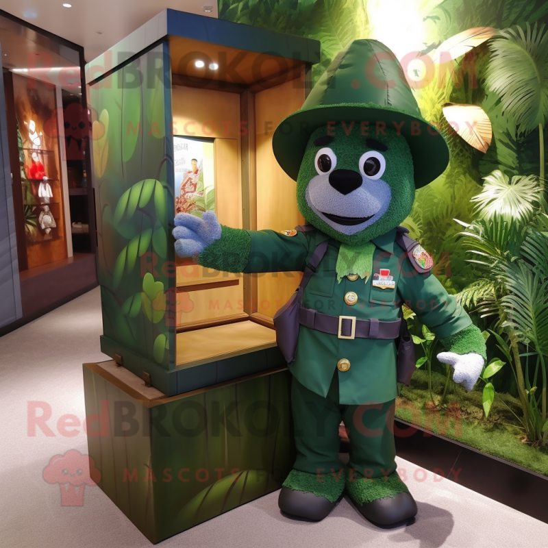 Forest Green Treasure Chest mascot costume character dressed with a Rash Guard and Hats