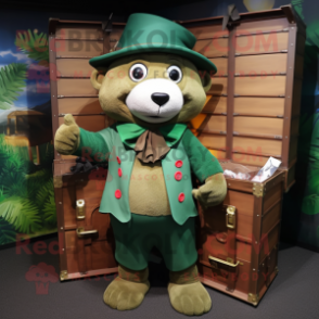 Forest Green Treasure Chest mascot costume character dressed with a Rash Guard and Hats