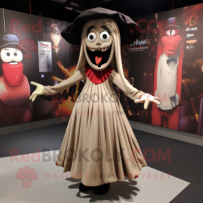 Tan Vampire mascot costume character dressed with a Pleated Skirt and Beanies