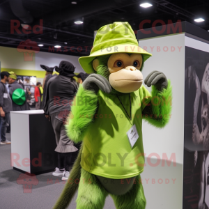Lime Green Capuchin Monkey mascot costume character dressed with a V-Neck Tee and Hat pins