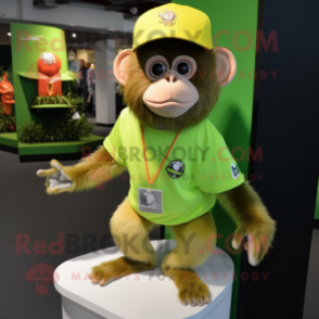 Lime Green Capuchin Monkey mascot costume character dressed with a V-Neck Tee and Hat pins