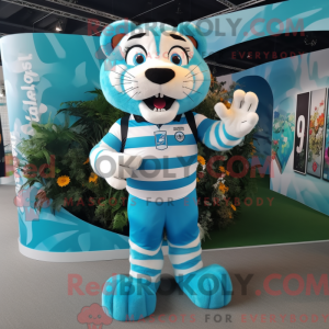 Maskotfigur af en cyan...