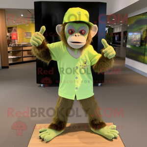 Lime Green Capuchin Monkey mascot costume character dressed with a V-Neck Tee and Hat pins
