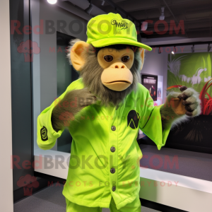 Lime Green Capuchin Monkey mascot costume character dressed with a V-Neck Tee and Hat pins