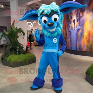 Blue Goat mascot costume character dressed with a Jumpsuit and Shoe laces