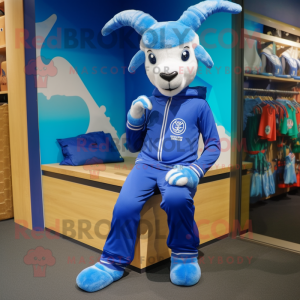 Blue Goat mascot costume character dressed with a Jumpsuit and Shoe laces