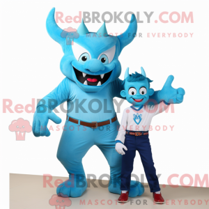 Maskotkarakter af en cyan...