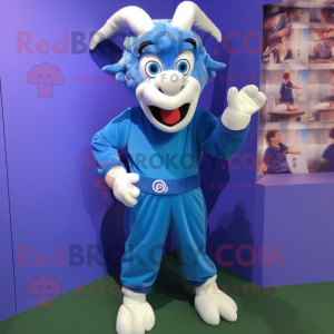 Blue Goat mascot costume character dressed with a Jumpsuit and Shoe laces