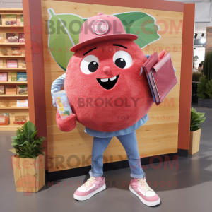 Magenta Grapefruit mascot costume character dressed with a Chambray Shirt and Wallets