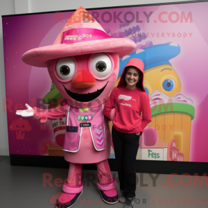 Maskotkarakter av en rosa...