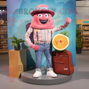 Magenta Grapefruit mascot costume character dressed with a Chambray Shirt and Wallets