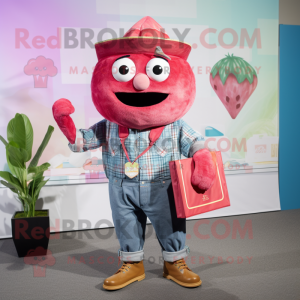 Magenta Grapefruit mascot costume character dressed with a Chambray Shirt and Wallets