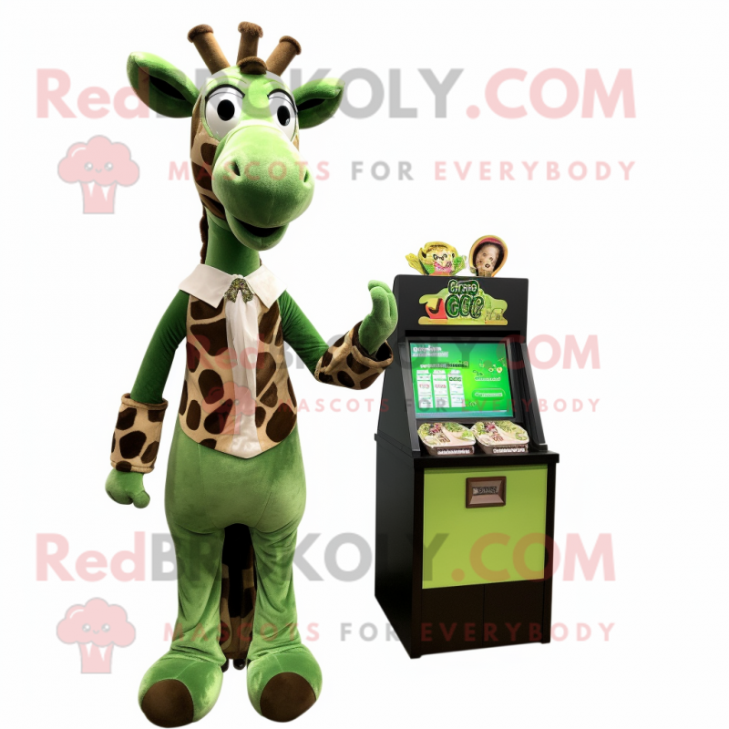 Forest Green Giraffe mascot costume character dressed with a Maxi Skirt and Wallets