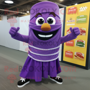 Purple Lasagna mascot costume character dressed with a Yoga Pants and Scarves