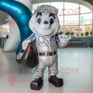 Silver Baseball Glove mascot costume character dressed with a Leather Jacket and Handbags