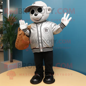 Silver Baseball Glove mascot costume character dressed with a Leather Jacket and Handbags