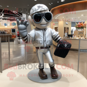 Silver Baseball Glove mascot costume character dressed with a Leather Jacket and Handbags
