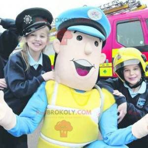 Mascotte de policier en uniforme bleu et jaune - Redbrokoly.com