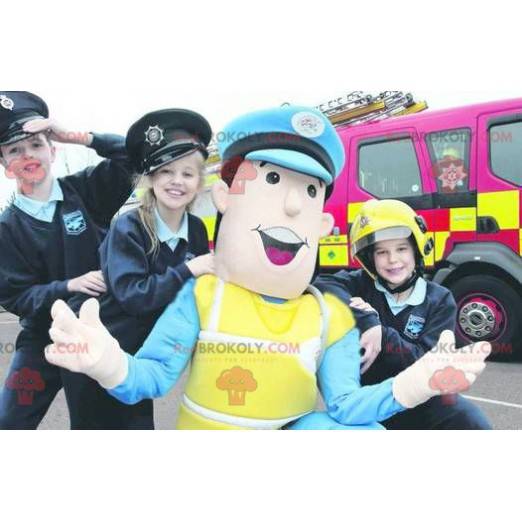 Police officer mascot in blue and yellow uniform -