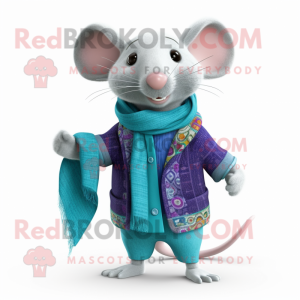 Cyan Rat mascot costume character dressed with a Cardigan and Scarves