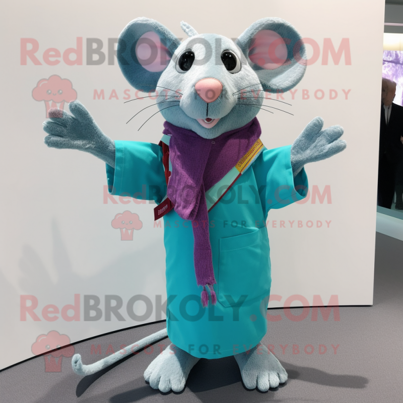 Cyan Rat mascot costume character dressed with a Cardigan and Scarves Cyan Rat mascot costume character dressed with a Cardigan and Scarves