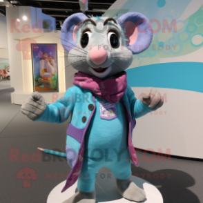 Cyan Rat mascot costume character dressed with a Cardigan and Scarves