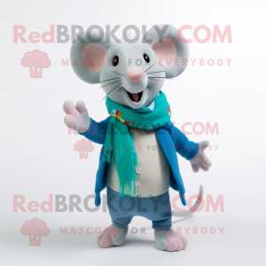 Cyan Rat mascot costume character dressed with a Cardigan and Scarves