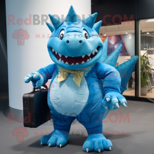 Blue Stegosaurus mascot costume character dressed with a Trousers and Briefcases