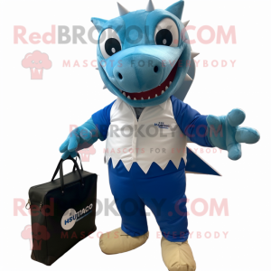 Blue Stegosaurus mascot costume character dressed with a Trousers and Briefcases