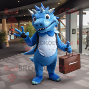 Blue Stegosaurus mascot costume character dressed with a Trousers and Briefcases