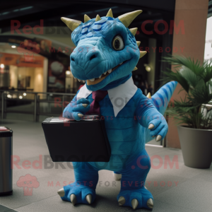 Blue Stegosaurus mascot costume character dressed with a Trousers and Briefcases