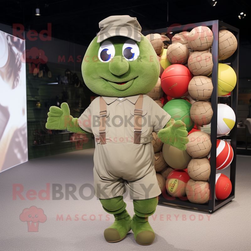 Olive Juggle mascot costume character dressed with a Cargo Shorts and Wraps Olive Juggle mascot costume character dressed with a Cargo Shorts and Wraps
