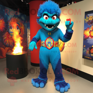 Blue Fire Eater mascot costume character dressed with a Rash Guard and Anklets