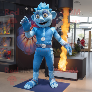 Blue Fire Eater mascot costume character dressed with a Rash Guard and Anklets