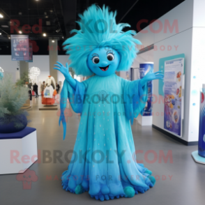 Cyan Queen mascot costume character dressed with a Maxi Dress and Hairpins