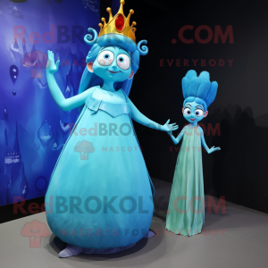 Cyan Queen mascot costume character dressed with a Maxi Dress and Hairpins