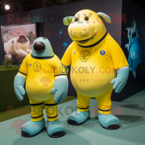 Lemon Yellow Stellar'S Sea Cow mascot costume character dressed with a Rugby Shirt and Smartwatches