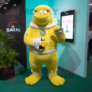 Lemon Yellow Stellar'S Sea Cow mascot costume character dressed with a Rugby Shirt and Smartwatches