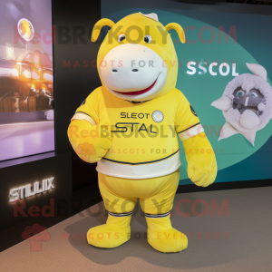 Lemon Yellow Stellar'S Sea Cow mascot costume character dressed with a Rugby Shirt and Smartwatches