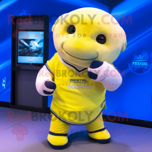 Lemon Yellow Stellar'S Sea Cow mascot costume character dressed with a Rugby Shirt and Smartwatches