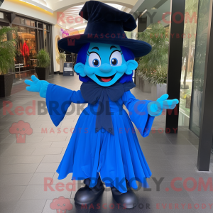 Maskotfigur af en blå heks...