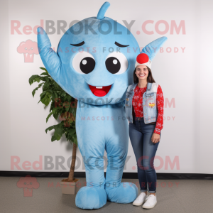 Sky Blue Cherry mascot costume character dressed with a Mom Jeans and Suspenders