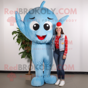 Sky Blue Cherry mascot costume character dressed with a Mom Jeans and Suspenders